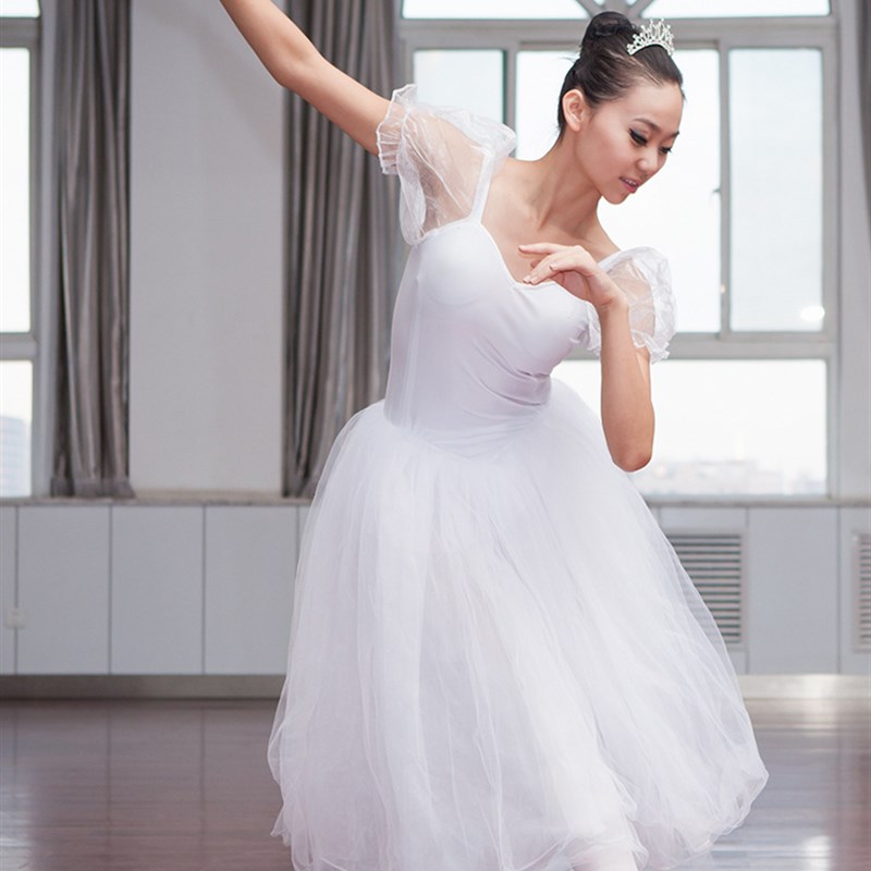 精选成人芭e蕾舞蹈演出服装芭蕾舞仙女白纱泡泡袖长裙蓬蓬连体裙