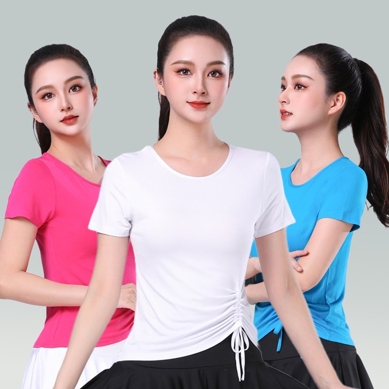 新选广场舞舞蹈服上衣女体操形体拉C丁舞练功服古典舞圆领抽绳短