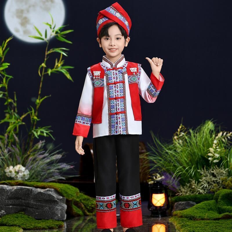 新选新款儿童少数民族服装仫佬族男女童舞蹈服演出服W合唱服表演