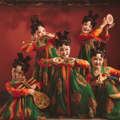 优选荷花奖郑州春晚唐宫夜宴图演出服表演服唐制唐俑Y女儿童襦裙