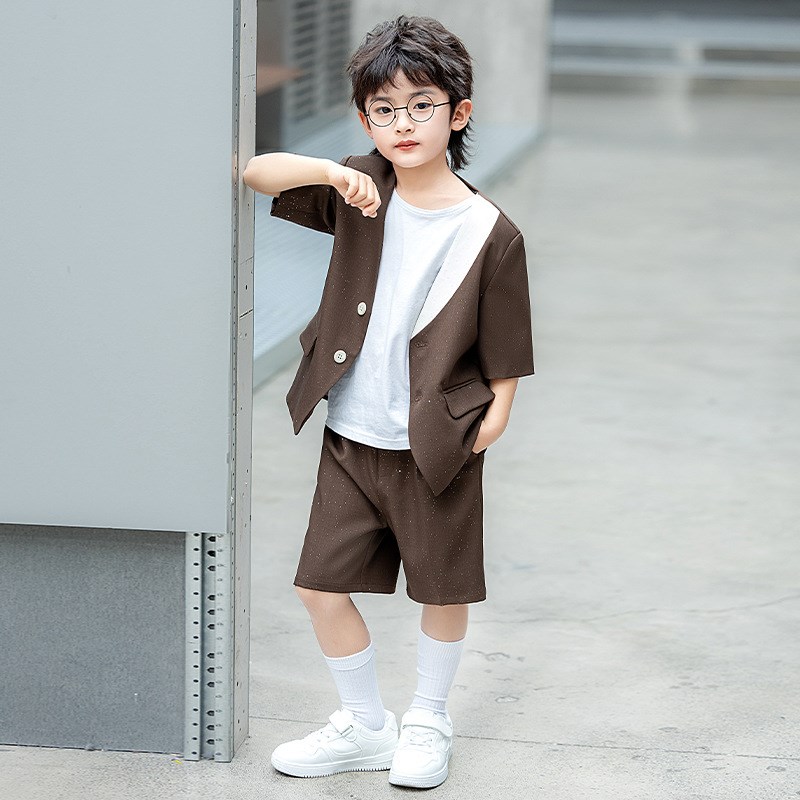 新选男童休闲小西装礼服套装夏季亮片儿童帅气短袖U西服主持走秀