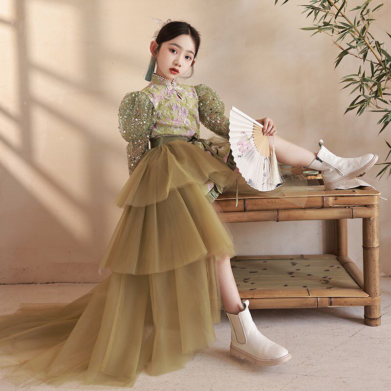 新款高端儿童礼服拖尾10岁生日宴女童公主裙P模特走秀主持人轻奢