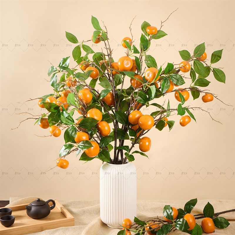 仿真橘子水果客厅餐桌面摆件高枝枝叶石榴干枝假花束软装装饰