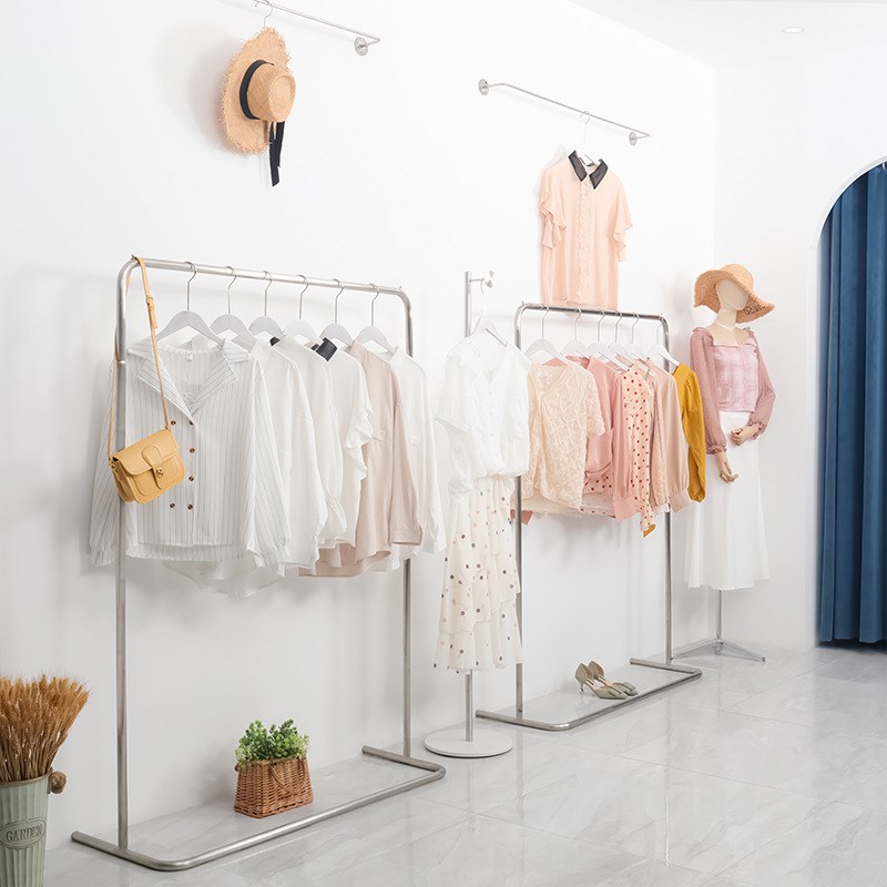 不锈钢服装店展示架落地式银色衣架货架组合女装店衣服陈列货架子图片