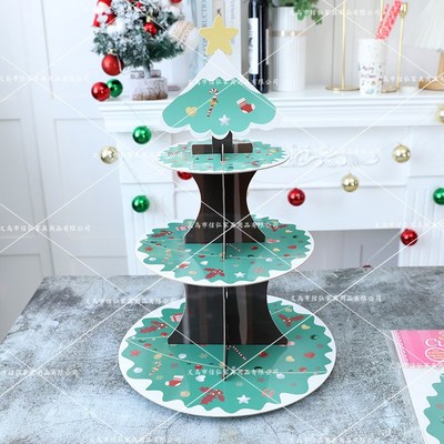 圣诞节装饰一次性蛋糕架甜品台展示架三层纸质水果摆台圣诞老人