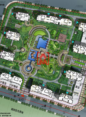 园林景观滨水小区风景游览区绿化规划手绘彩平PSD图 建设平面图