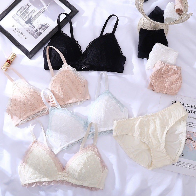 无钢圈透气薄款性感美背内衣套装小胸聚拢文胸提花小花边文胸套装