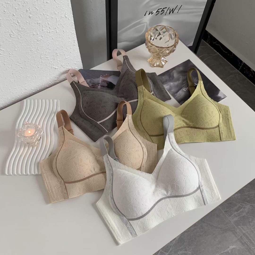 蕾丝一体式撞色无痕内衣女大胸显小聚拢无钢圈收副乳调整型文胸罩