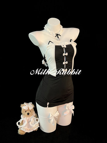 Cy奶兔「甜系小猫」甜美女仆制服抹胸蝴蝶结镂空收腰绑带性感睡裙