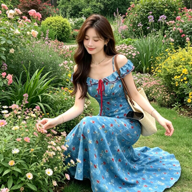 纯欲性感碎花短袖连衣裙女夏季新款修身显瘦高级感包臀鱼尾长裙子