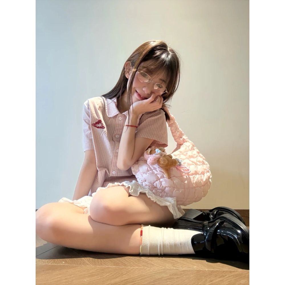 韩系温柔粉格纹上衣女复