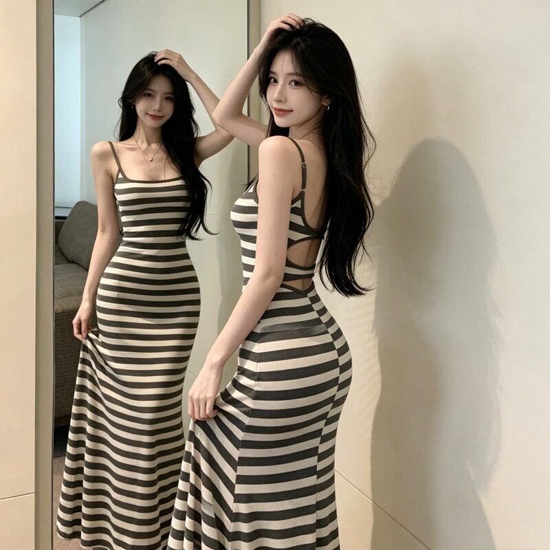 撞色条纹小心机性感吊带连衣裙大露背高腰气质修身后开叉显瘦长裙