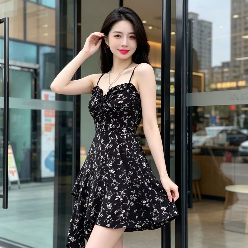 韩系甜辣纯欲碎花吊带雪纺连衣裙女夏季新款收腰显瘦木耳边短裙潮