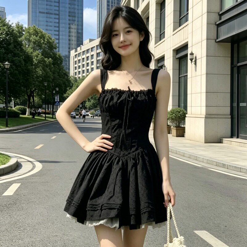 夏绑带显瘦短裙网纱蓬蓬裙连衣裙2026赫本风黑色花纹吊带连衣裙女