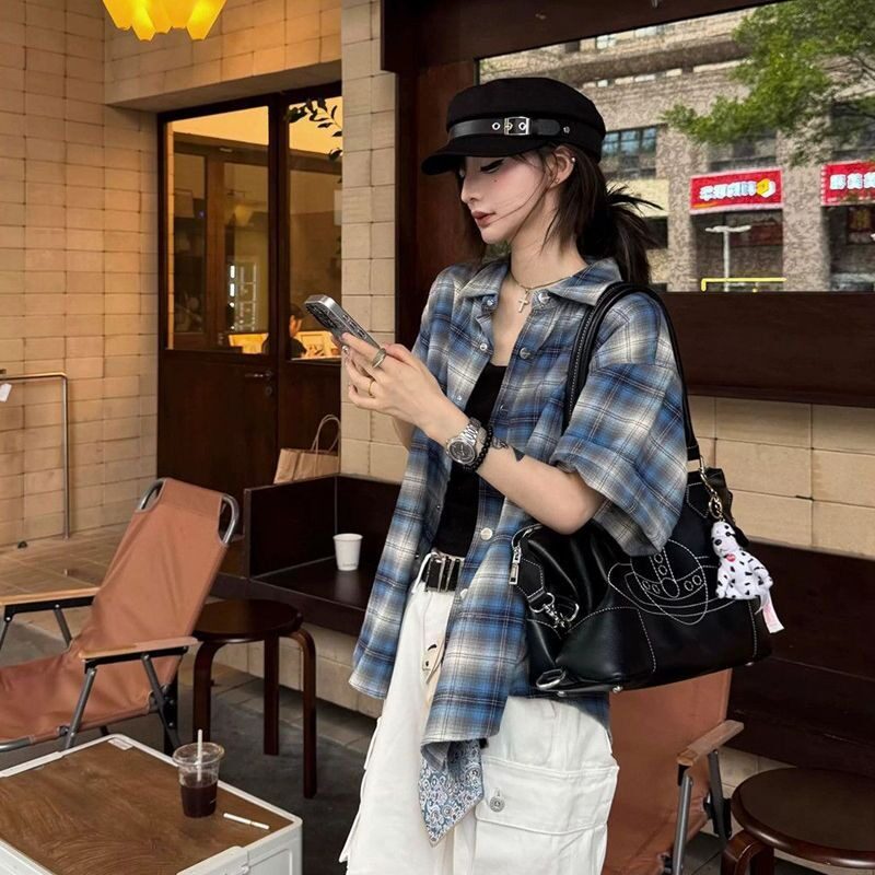 格子短袖衬衫女ins夏季韩版女装新款叠穿显瘦百搭衬衣女外搭上衣