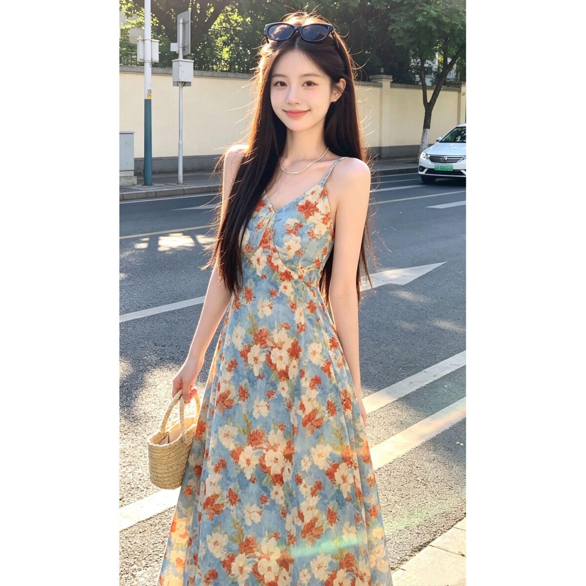 蓝色吊带碎花连衣裙子女2026新款夏季海边度假高级感漂亮绝美长裙