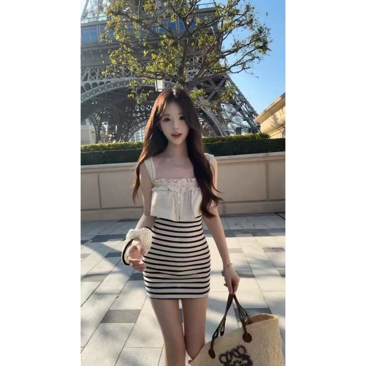 古早少女心事软妹风氛围感条纹假两件韩系连衣裙高腰包臀裙抹胸裙