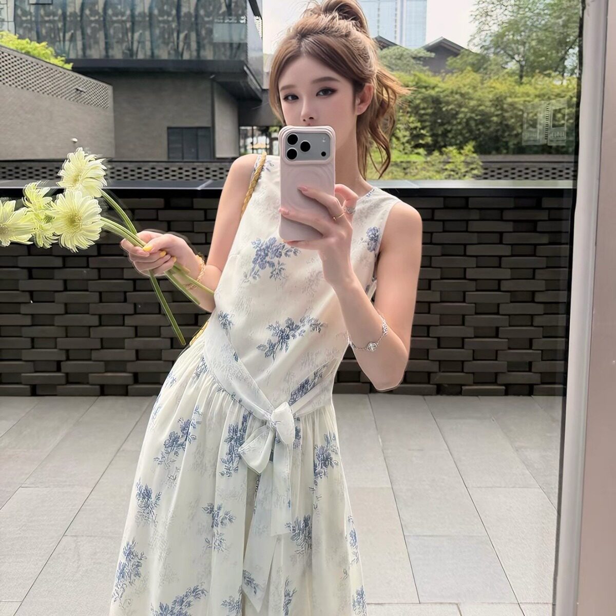 复古植物印花碎花裙系带无袖连衣裙女夏收腰宽松长款裙子