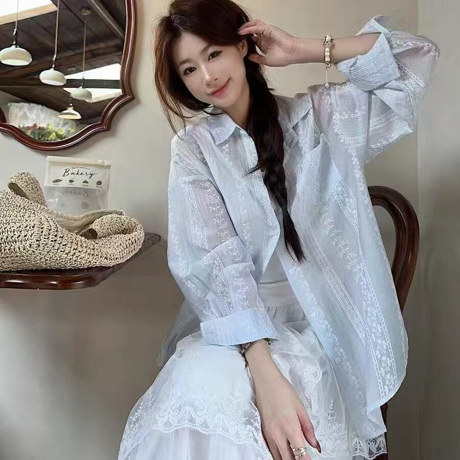 甜美微透提花防晒衬衫女夏新款宽松中长款长袖薄款开衫女衫潮流