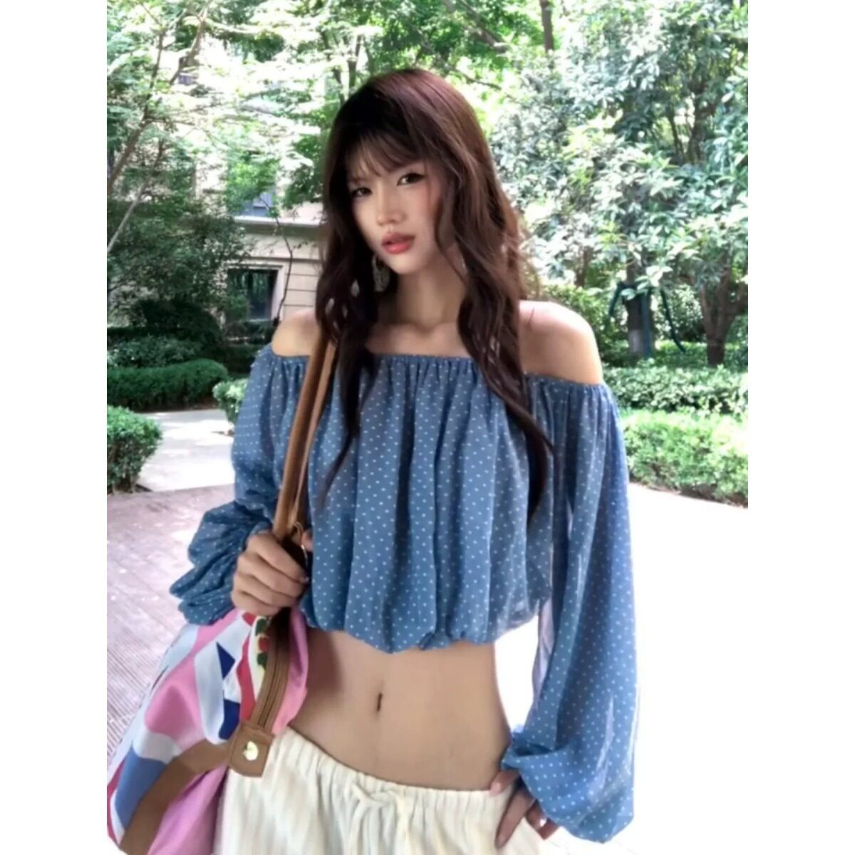 法式蓝色一字肩波点薄款长袖衬衫女2026夏季休闲灯笼袖短款上衣