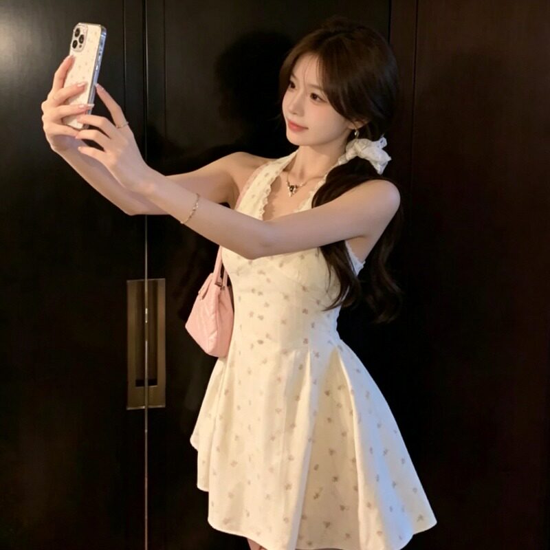 蕾丝拼接露背v领挂脖连衣裙女夏季修身碎花裙子甜美收腰蓬蓬短裙