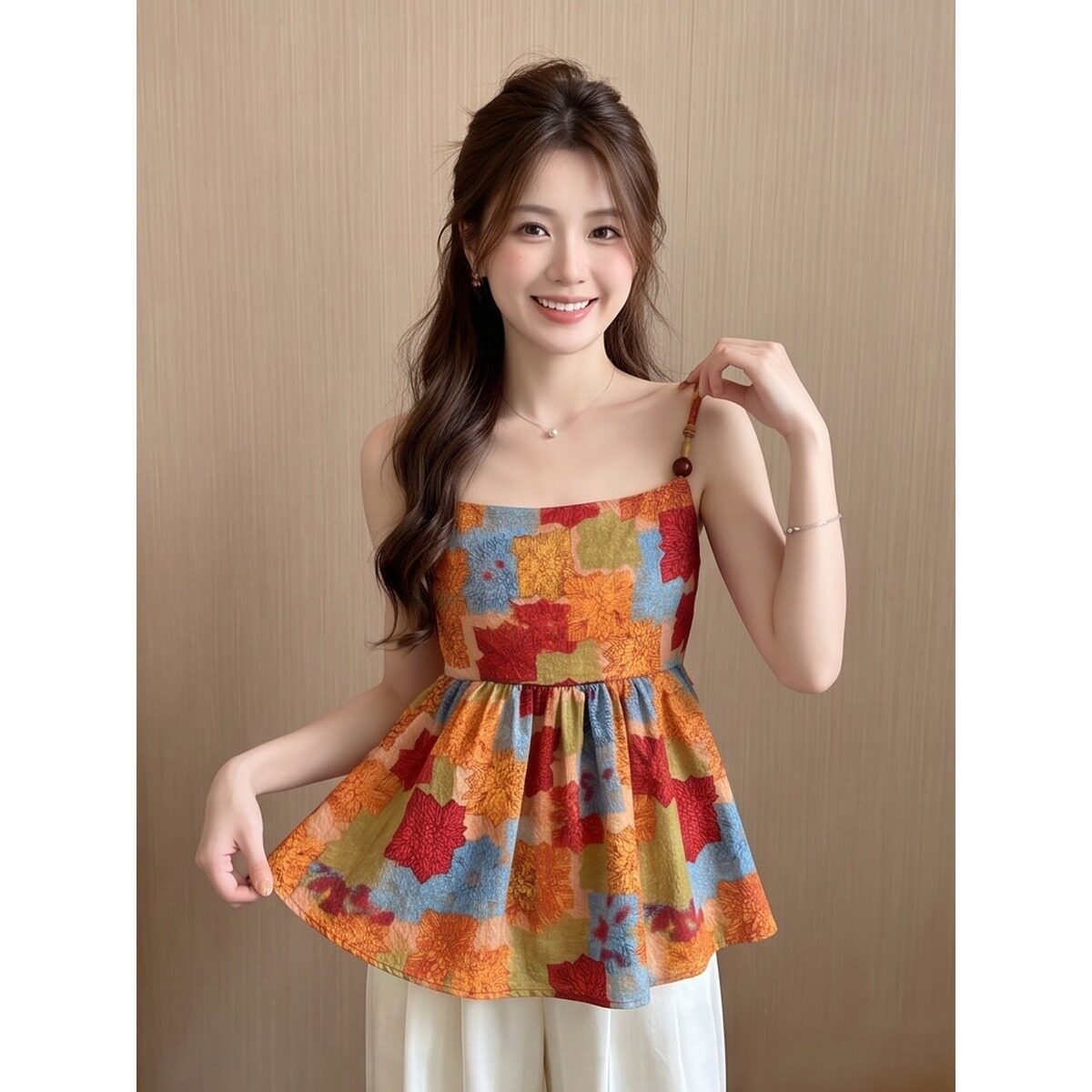 油画风彩色方块印花串珠吊带背心女夏季绝美漂亮露背短款无袖上衣