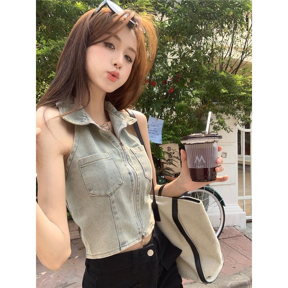 辣妹设计感露背牛仔背心夏季韩系修身薄款挂脖小吊带上衣女ins潮