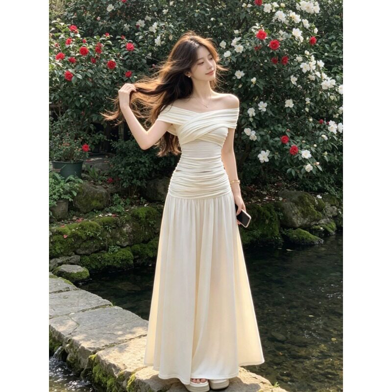 晨领法式一字肩套装夏季气质风修身显瘦气质上衣半身长裙两件套