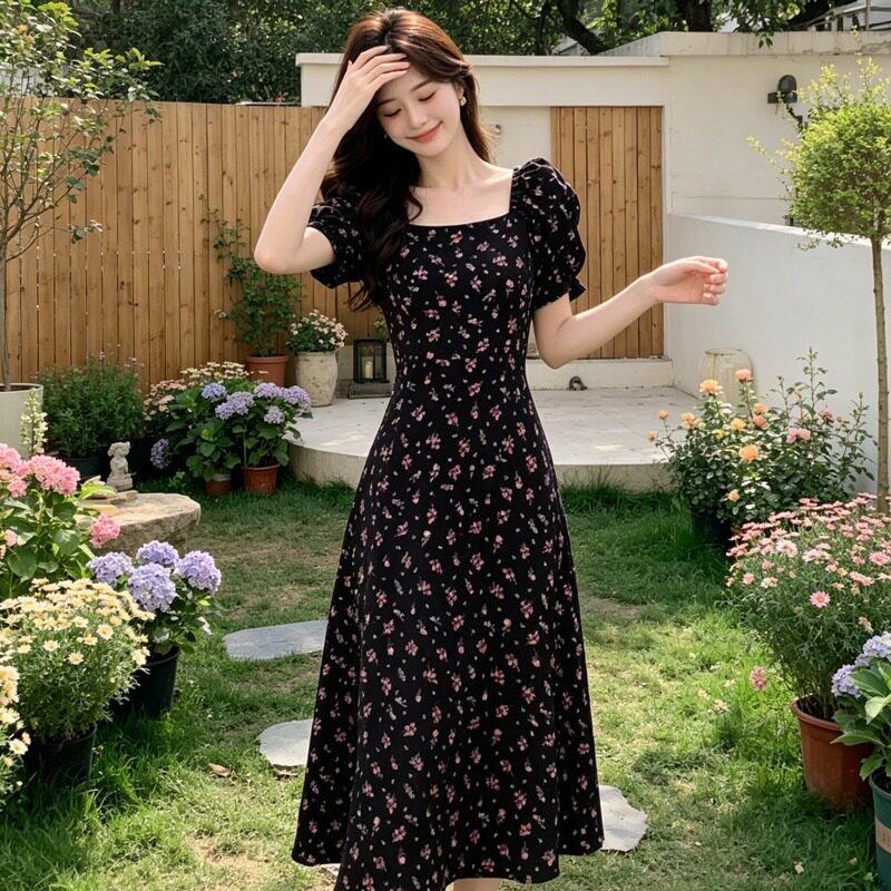法式复古碎花连衣裙女2026夏新款韩版泡泡袖开叉显瘦收腰过膝裙子