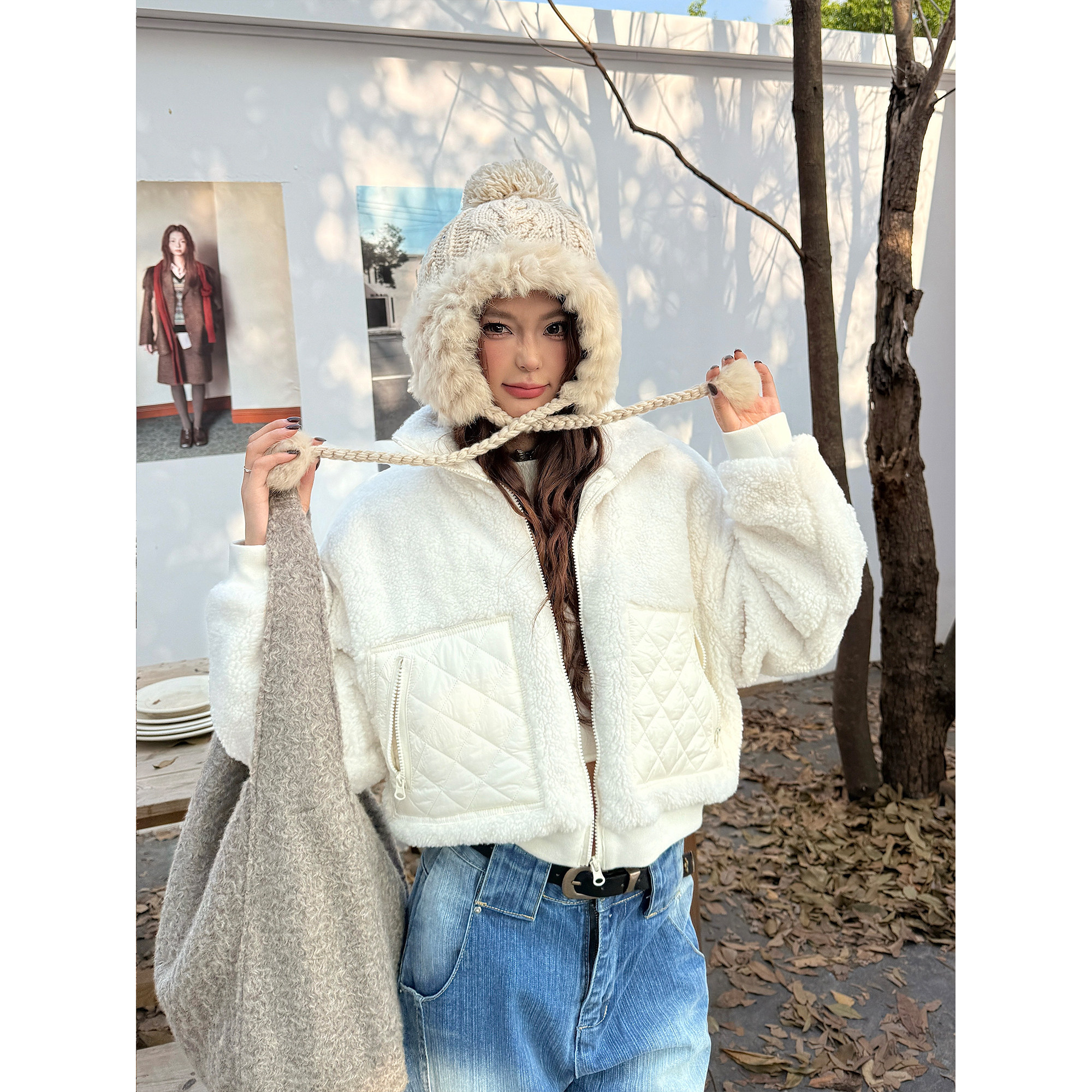 美式复古短款立领羊羔毛棉衣