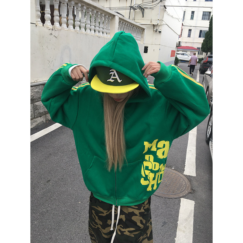 OPUP 美式复古字母印花拉链帽衫男女同款潮牌百搭基础款开衫外套