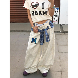 OPUP 男女美式 復古慵懶風拖地傘兵褲 潮 拼接格子裙擺結構設計衛褲