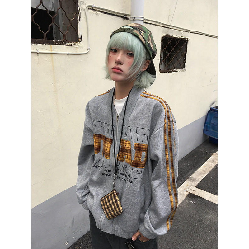 OPUP 美式复古字母刺绣v领拉链开衫卫衣女设计感宽松情侣格子外套