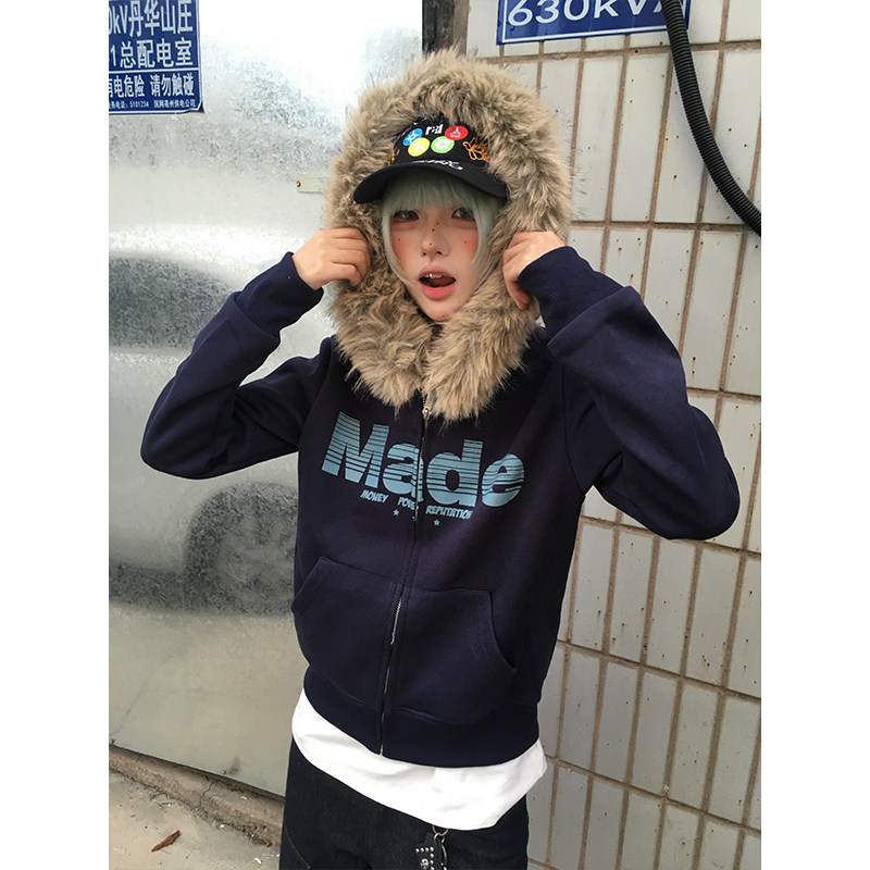 OPUP 美式复古潮牌字母印花开衫卫衣修身短款毛领百搭拉链外套女