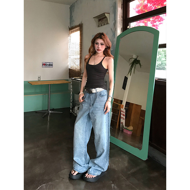 OPUP 美式复古烫钻宽松直筒牛仔裤男水洗做旧百搭休闲长裤子女潮