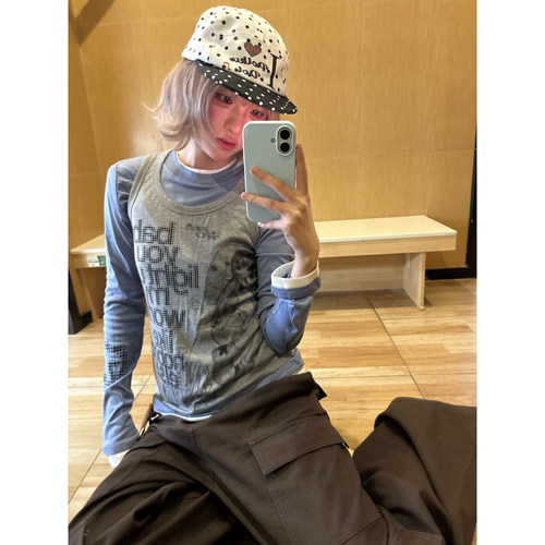 OPUP 辣妹风真两件叠穿设计感上衣女小众撞色潮流修身显瘦长袖T恤