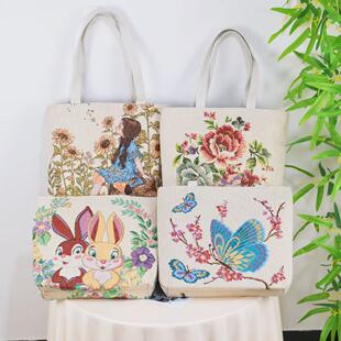 双面金丝手提帆布小包耐磨耐脏时尚百搭款刺绣带拉链手拎外出