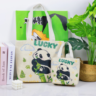 新款帆布包熊猫双面金丝提花绣手拎包可爱手机包便携百搭手提小包