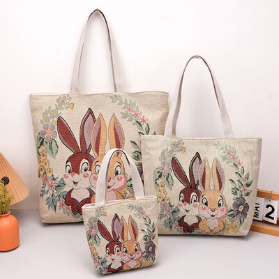 新款双面绣花加金丝兔子图案帆布包手提包百搭休闲包便携上班包
