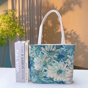 莫奈花文艺小清新棉麻刺绣包双面提花女士手提包手拎外出上班休闲