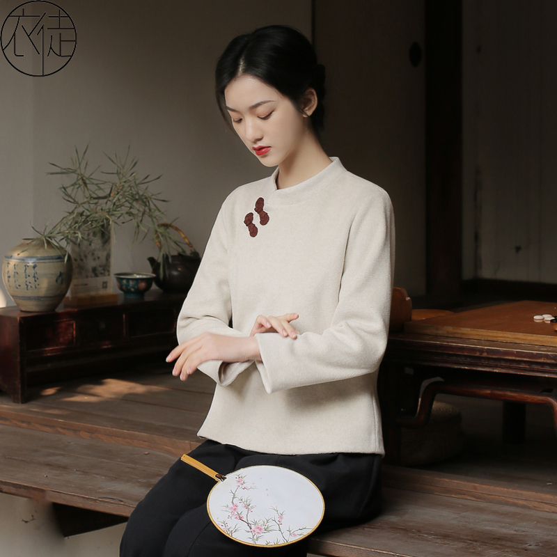 中国风唐装呢子秋冬茶艺师