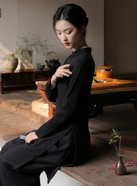 黑色棉麻茶服禅意文艺中国风唐装女禅服套装中式女装茶艺服装上衣