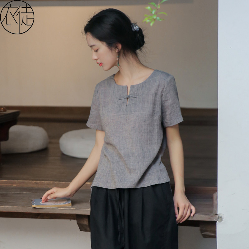 亚麻佛系禅意女装素衣禅服夏季茶艺师服装改良唐装套装茶服女上衣
