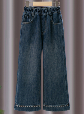 女童牛仔裤秋冬新款儿童洋气加绒阔腿裤中大童冬季直筒裤女孩长裤