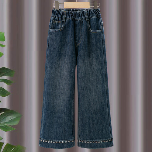 女童牛仔裤秋冬新款加绒阔腿裤