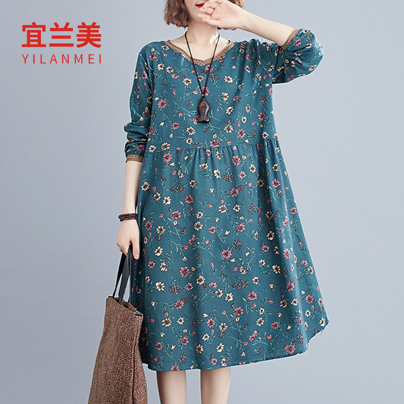 2021 Autumn Large Cotton and hemp Dress Easy literature Elegant Broken flowers temperament Long sleeve Retro skirtin the Women's clothing/Boutique , Large size women  category - from Buy2taobao.com to provide professional Taobao agent buy service