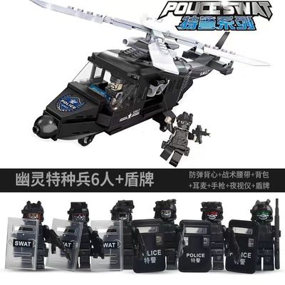 中国军事积木飞虎队直升飞机装甲汽车警察士兵人仔拼装玩具模型