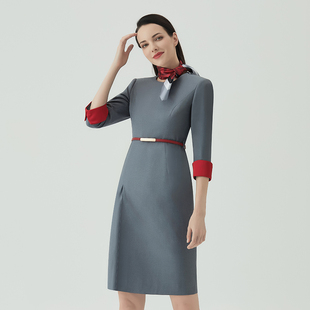 红土空姐职业装连衣裙女学院商务酒店前台礼仪接待售楼美容工作服