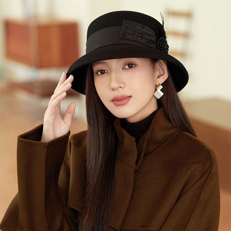 高端羊毛帽子女秋冬季法式复古灯罩帽优雅百搭渔夫帽羊毛呢毡帽女