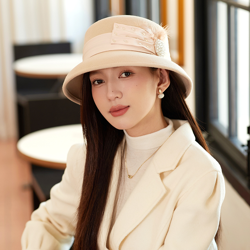 高端羊毛帽子女秋冬季法式复古灯罩帽优雅百搭渔夫帽羊毛呢毡帽女